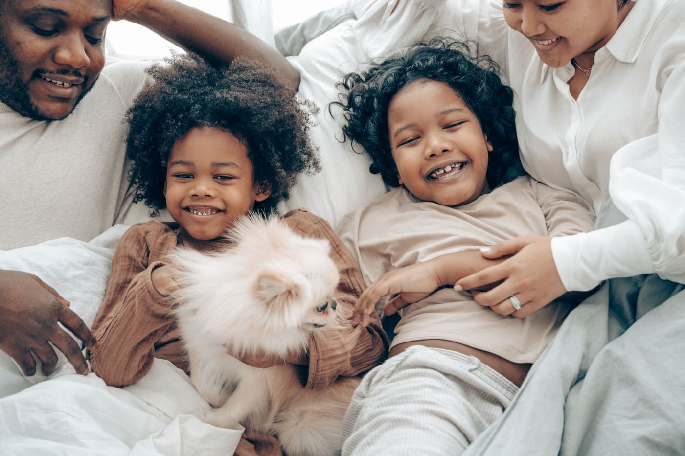 Família com o pet, cão de estimação no colo